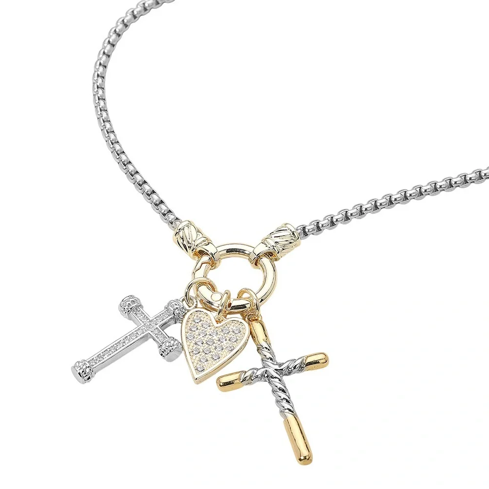 14K Gold Plated Two Tone CZ Stone Paved Heart Double Cross Charm Accent Necklace